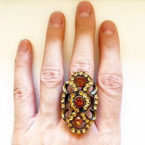 Vintage brass & brown gemstone knuckle ring